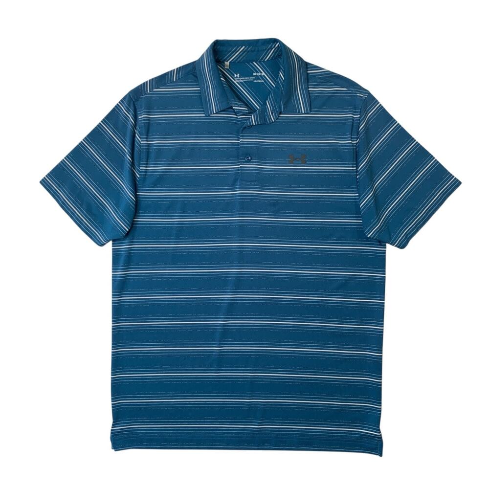 Under Armour Shirt Mens M Medium Loose HeatGear UPF 30 Core Striped Playoff Polo